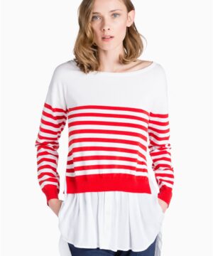 TWINSET BS7BAA Maglia bianca a righe rosse con finta camicia