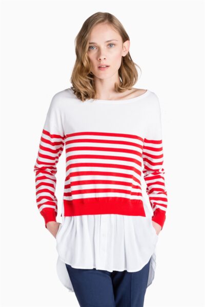 TWINSET BS7BAA Maglia bianca a righe rosse con finta camicia
