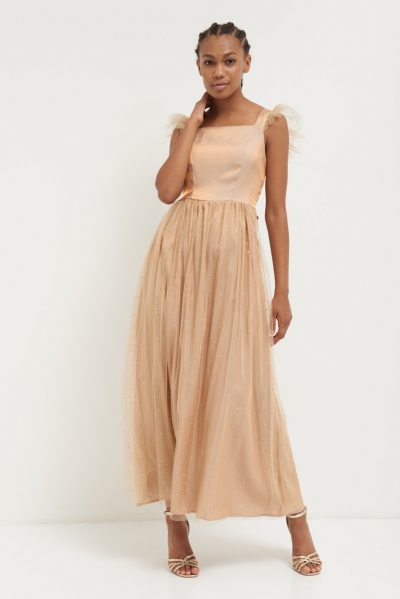 KIKISIX KSAB3276CRN Abito lungo tulle e strass carne