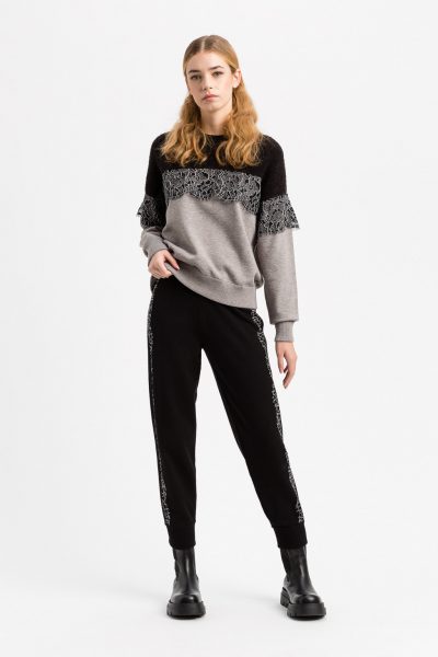 TWINSET 212LI3PNN Maglia bicolore grigio nero con inserto pizzo