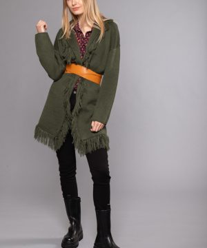 MIMÌ MUÀ Firenze AFAD-3329 Cardigan lungo con frange verde militare