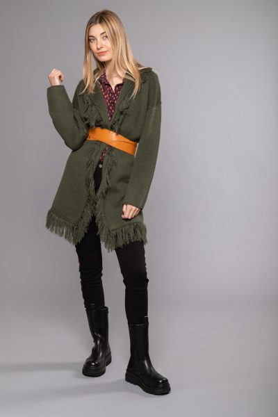 MIMÌ MUÀ Firenze AFAD-3329 Cardigan lungo con frange verde militare