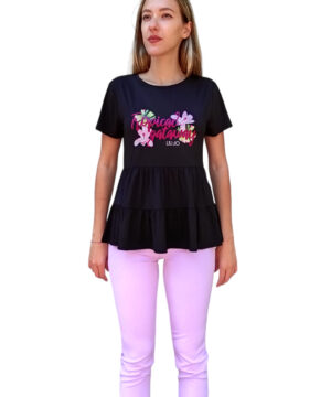 LIU JO VA3088J5360 T-shirt stampa orchidea e strass nero