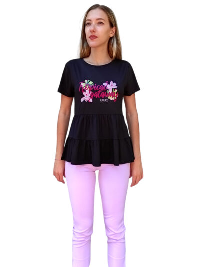 LIU JO VA3088J5360 T-shirt stampa orchidea e strass nero