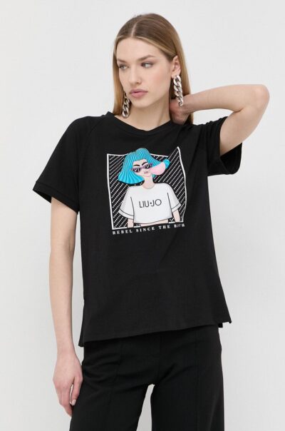 LIU JO VA3118J5003 T-shirt ecosostenibile nero stampa e strass