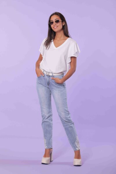 MIMÌ MUÀ Firenze JRAG-2514 Jeans sigaretta blu chiaro dettagli pizzo