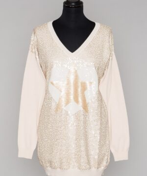 TWINSET BS71EE Maxi maglia crema con paillettes e stella