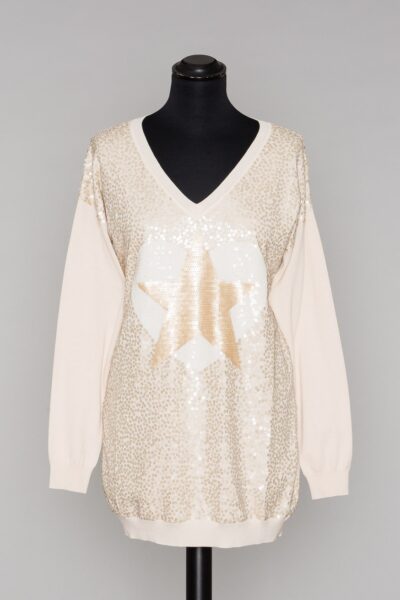 TWINSET BS71EE Maxi maglia crema con paillettes e stella