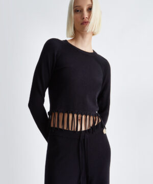 LIU JO 5F3137MA29N Maglia cropped nero con frange