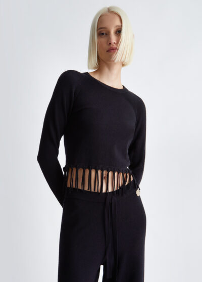 LIU JO 5F3137MA29N Maglia cropped nero con frange