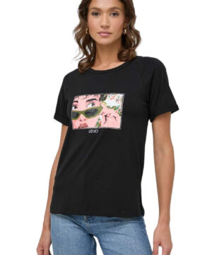 LIU JO VA4104JS003 T-shirt ecosostenibile nero stampa e strass