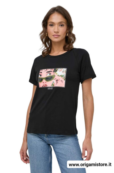 LIU JO VA4104JS003 T-shirt ecosostenibile nero stampa e strass