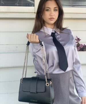 VIVIENNE D V085 Borsa a spalla saffiano nero con patta