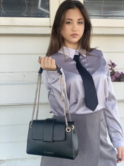 VIVIENNE D V085 Borsa a spalla saffiano nero con patta