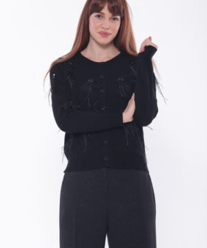 MIMÌ MUÀ Firenze AFAL-3659 Cardigan nero con piume e paillettes