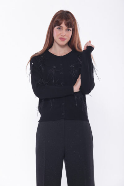 MIMÌ MUÀ Firenze AFAL-3659 Cardigan nero con piume e paillettes