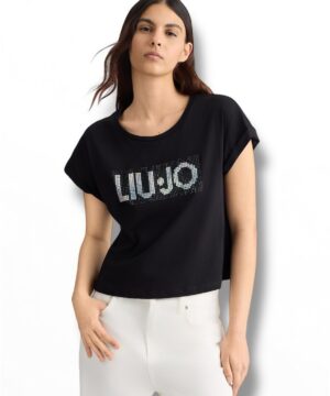 LIU JO VA5151JS923 T-shirt ecosostenibile nero con logo strass