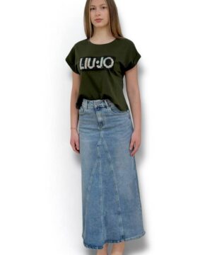 LIU JO VA5151JS923 T-shirt ecosostenibile verde con logo strass