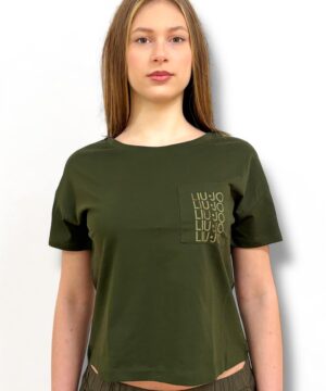 LIU JO VA5152JS923 T-shirt ecosostenibile verde con logo e strass