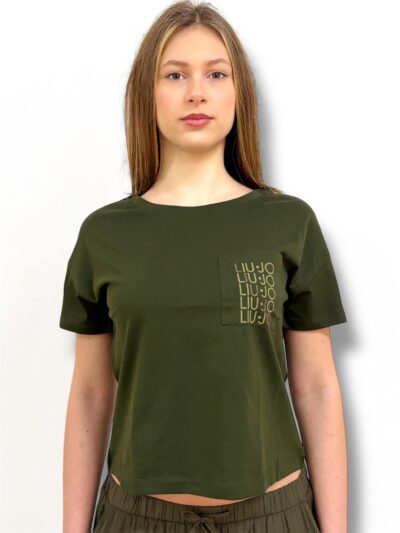 LIU JO VA5152JS923 T-shirt ecosostenibile verde con logo e strass