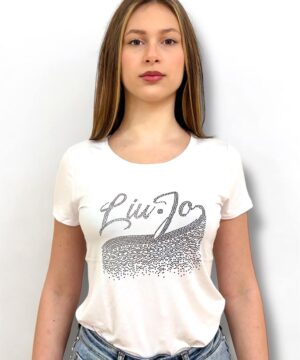 LIU JO VA5157JS360 T-shirt ecosostenibile bianco logo strass