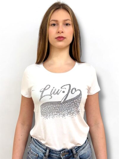LIU JO VA5157JS360 T-shirt ecosostenibile bianco logo strass