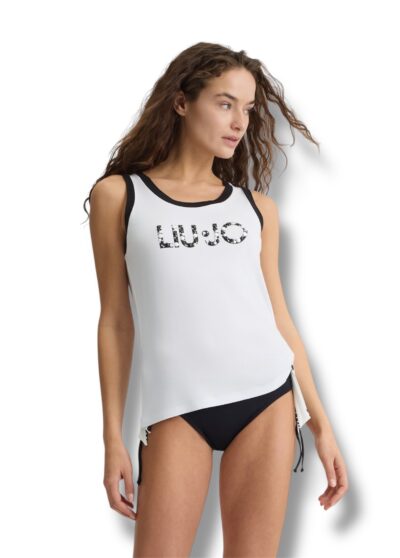 LIU JO VA5138JS360 Top ecosostenibile bianco con logo e perle