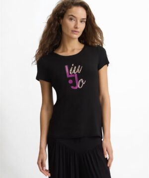LIU JO VA5226JS360 T-shirt ecosostenibile nero logo fantasia