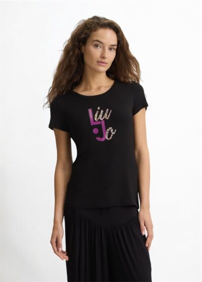 LIU JO VA5226JS360 T-shirt ecosostenibile nero logo fantasia