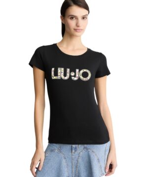 LIU JO VA5154JS003 T-shirt ecosostenibile nero logo floreale