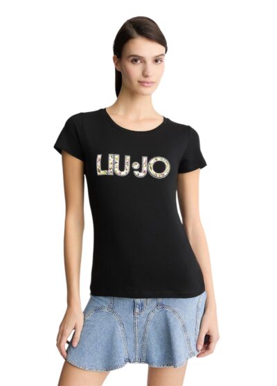 LIU JO VA5154JS003 T-shirt ecosostenibile nero logo floreale