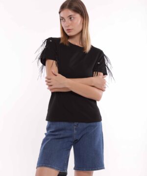 MIMÌ MUÀ Firenze SFAM-1786 T-shirt nero piume su maniche