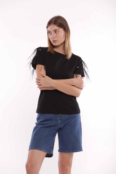 MIMÌ MUÀ Firenze SFAM-1786 T-shirt nero piume su maniche