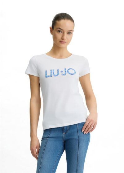 LIU JO VA5154JS003 T-shirt ecosostenibile bianco logo jeans