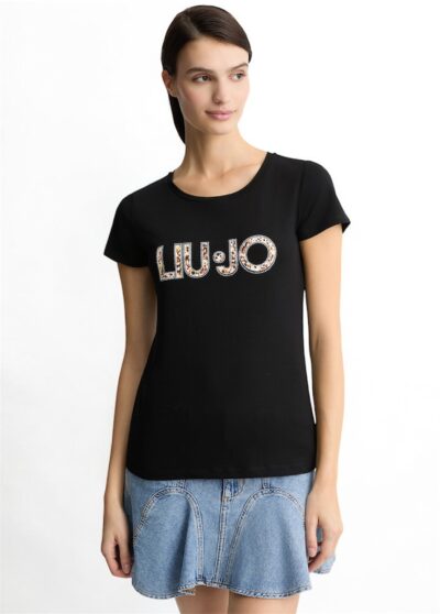 LIU JO VA5154JS003 T-shirt ecosostenibile nero logo animalier