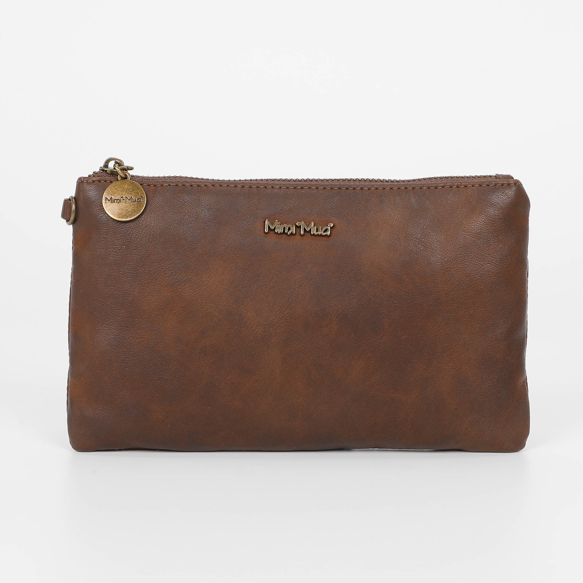 Pochette portaoggetti da donna colore moro marchio Mimì Muà Firenze in ecopelle con cerniera e dettagli in ottone su Origami Store