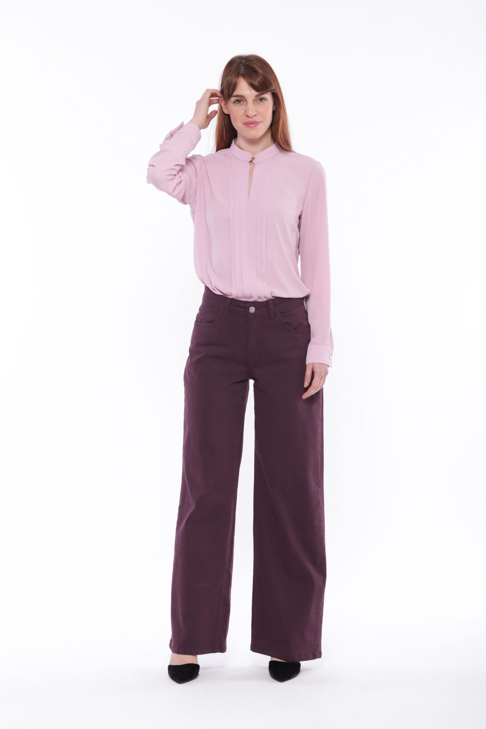 Pantalone da donna modello a palazzo a gamba ampia colore marrone testa di moro Mimì Muà Firenze in tessuto bengalina di cotone elastico con cinque tasche