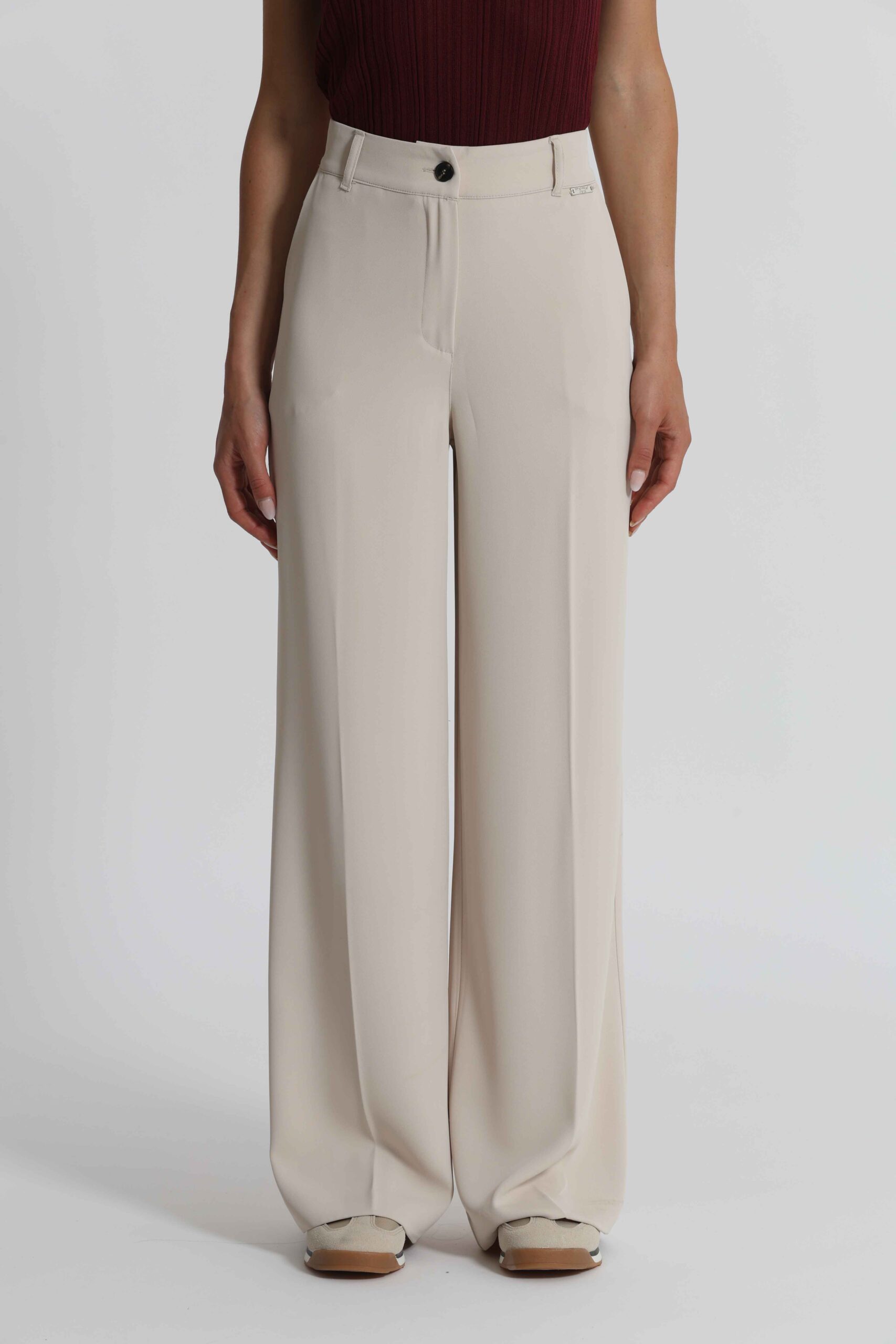 Pantalone a palazzo Mimì Muà Firenze color roccia in cady con vita alta e gamba larga.