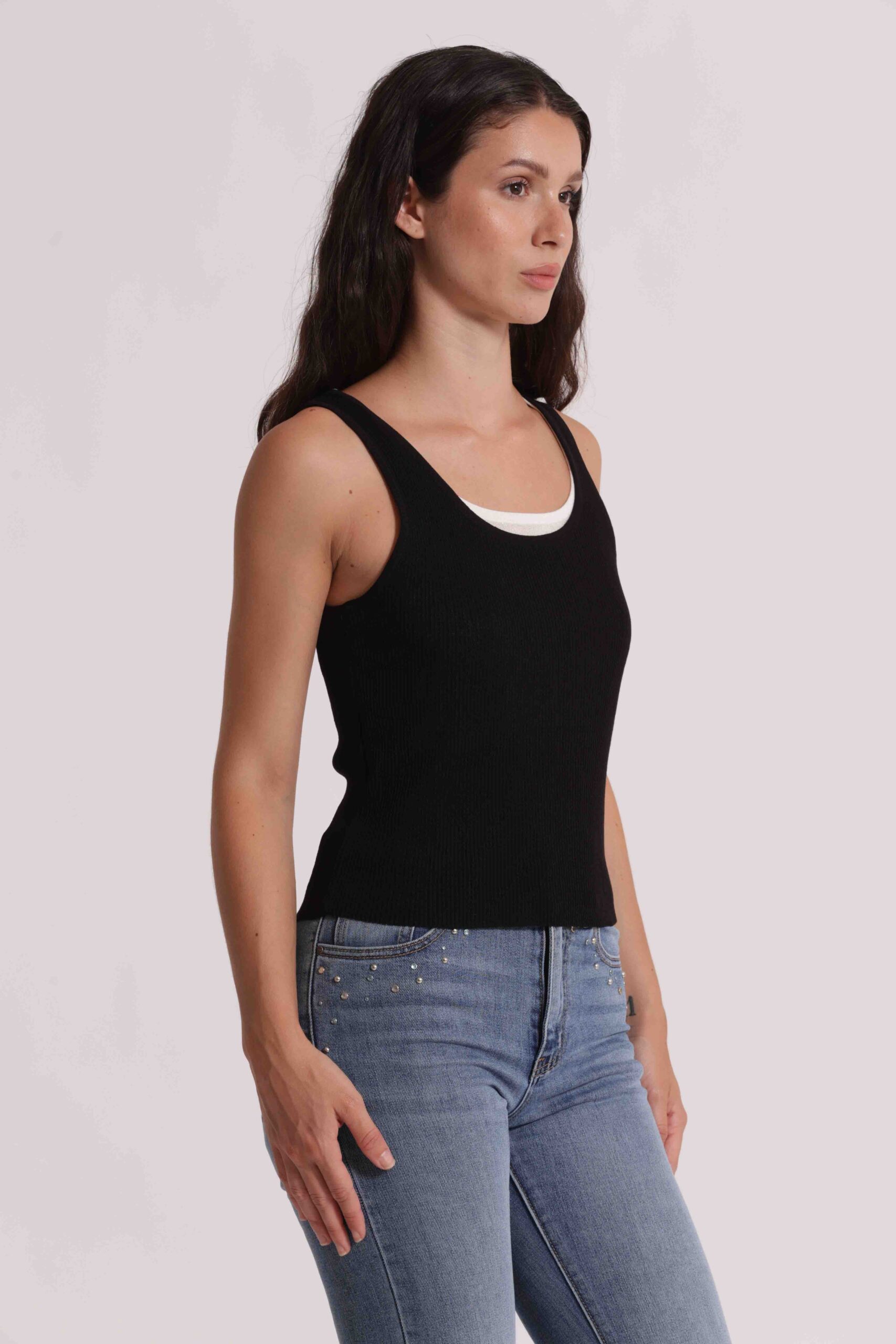 Top in Maglia Stretch Mimì Muà Firenze Doppio Scollo – Nero/Panna - immagine 5