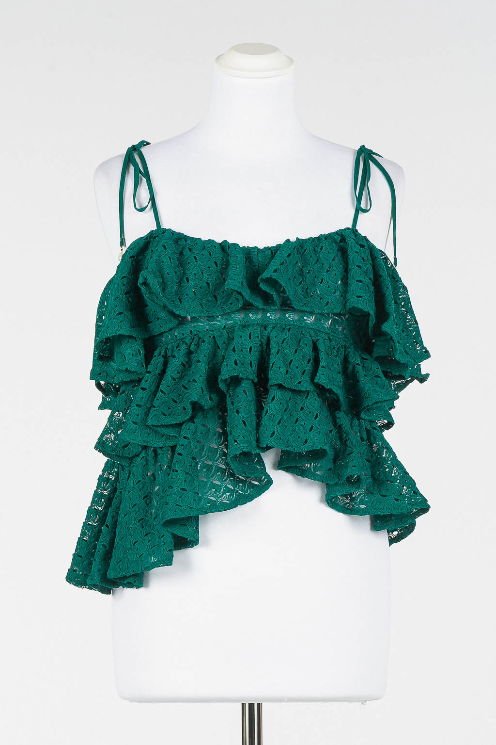 Top asimmetrico verde Light Emerald Twinset in jersey effetto crochet pizzo jacquard con balze e laccetti con perle dorate