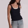 Top donna in maglia a costine Mimì Muà Firenze nero con doppio scollo panna a contrasto e linea aderente.