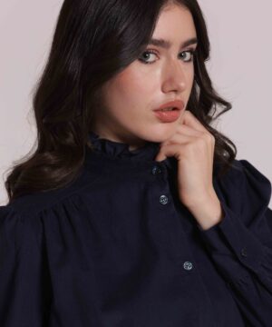 Alternative view of Mimì Muà Firenze – Camicia "Blu" in Velluto Made in Italy con Collo Alto e Rouches