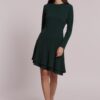 Abito corto da donna marchio Mimì Muà Firenze colore verde till in tessuto crêpe stretch con doppia balza asimmetrica al fondo Made in Italy su Origami Store
