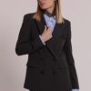 Giacca lunga doppiopetto da donna colore grigio piombo marchio Mimì Muà Firenze in tessuto tecnico Made in Italy con spalline su Origami Store