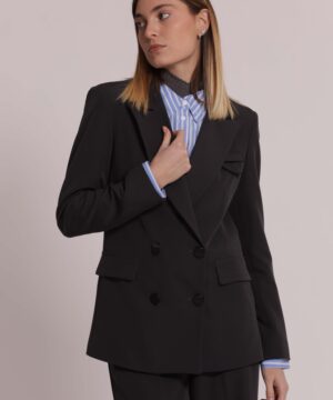 Giacca lunga doppiopetto da donna colore grigio piombo marchio Mimì Muà Firenze in tessuto tecnico Made in Italy con spalline su Origami Store