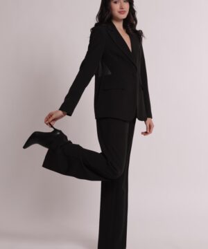 Pantalone a palazzo da donna colore nero marchio Mimì Muà Firenze in tessuto tecnico stretch Made in Italy con piega stirata su Origami Store