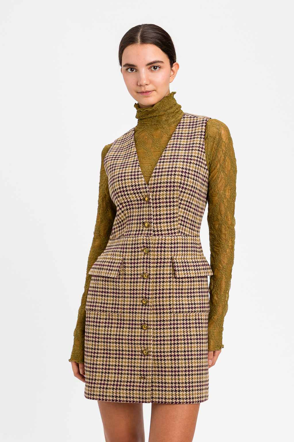 Abito corto chemisier da donna marchio Twinset fantasia pied-de-poule multicolor in misto lana jacquard con bottoni a pressione su Origami Store