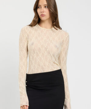 Body da donna marchio TWINSET colore madreperla in pizzo a rete traforato trasparente a maniche lunghe con girocollo su Origami Store