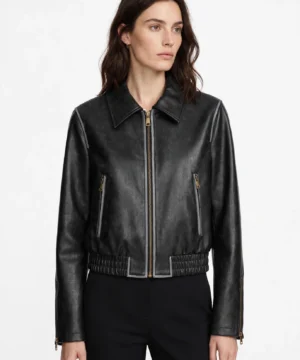 Giubbotto bomber da donna marchio TWINSET colore nero effetto pelle con profilo grigio a contrasto e chiusura zip in ottone su Origami Store
