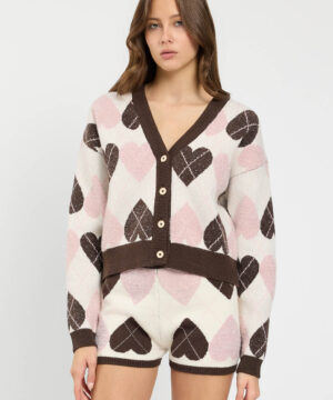 Cardigan da donna in maglia marchio TWINSET con lavorazione jacquard piquet motivo cuori e check su Origami Store